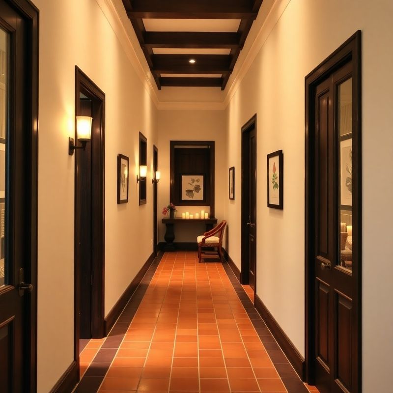 Warm spa corridor with terracotta tiles, cream walls and candlelight