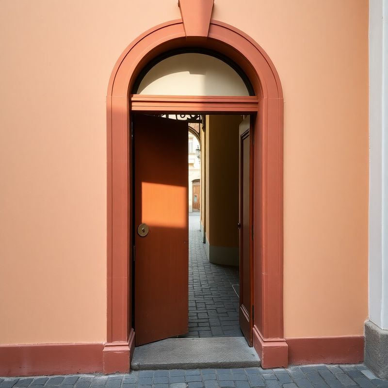 Terracotta-toned doorway with a small brass plate on Landstraße in Linz