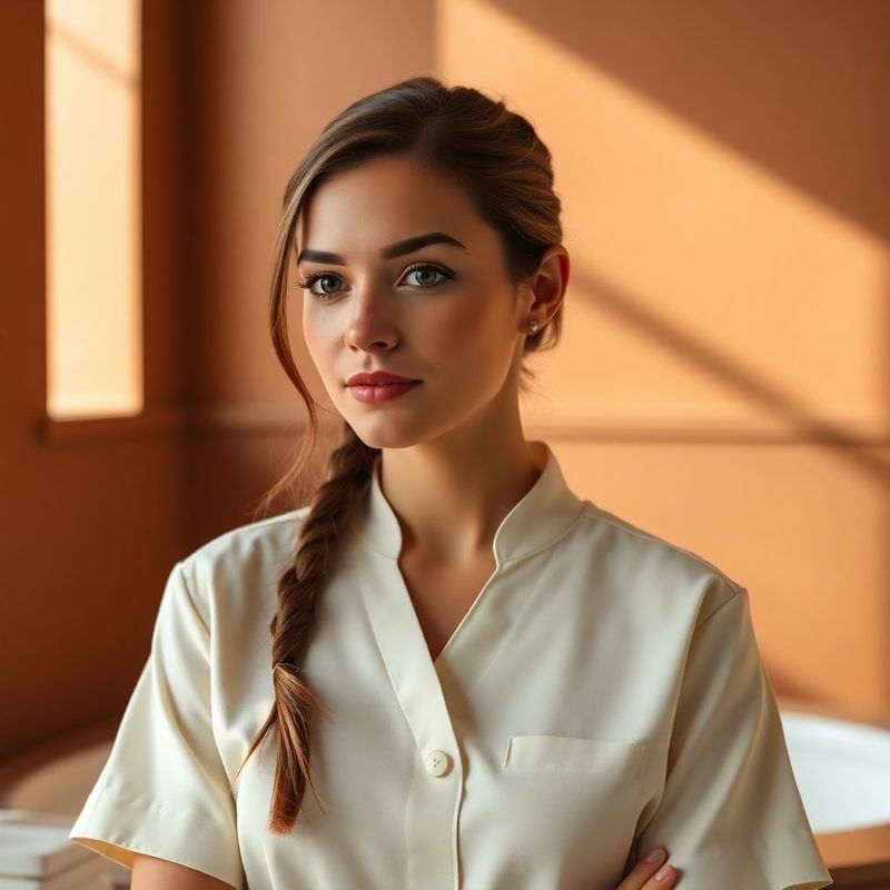 Editorial portrait of a Vaughn Society therapist in cream uniform against a terracotta background