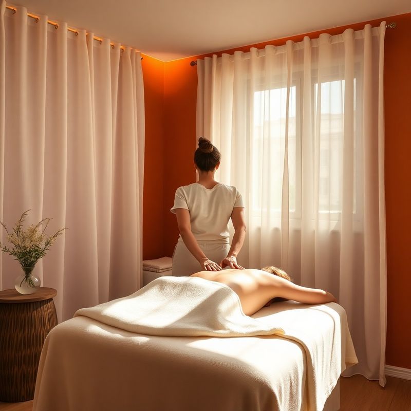 A therapist's hands resting on a guest's back in a warm, sunlit treatment room