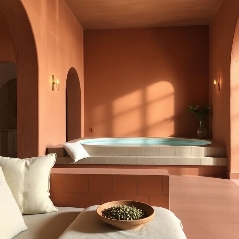 Terracotta-plastered reception nook with cream linen cushions and a small dish of alpine herbs
