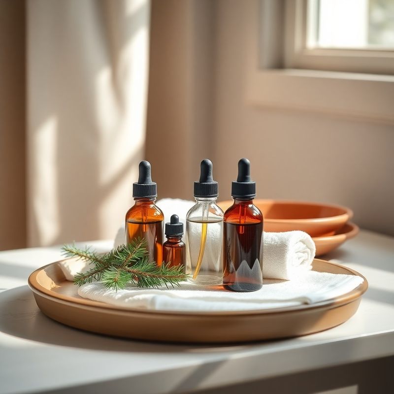 Tray of glass dropper bottles of essential oil, folded cream towels and a sprig of mountain pine in soft natural light